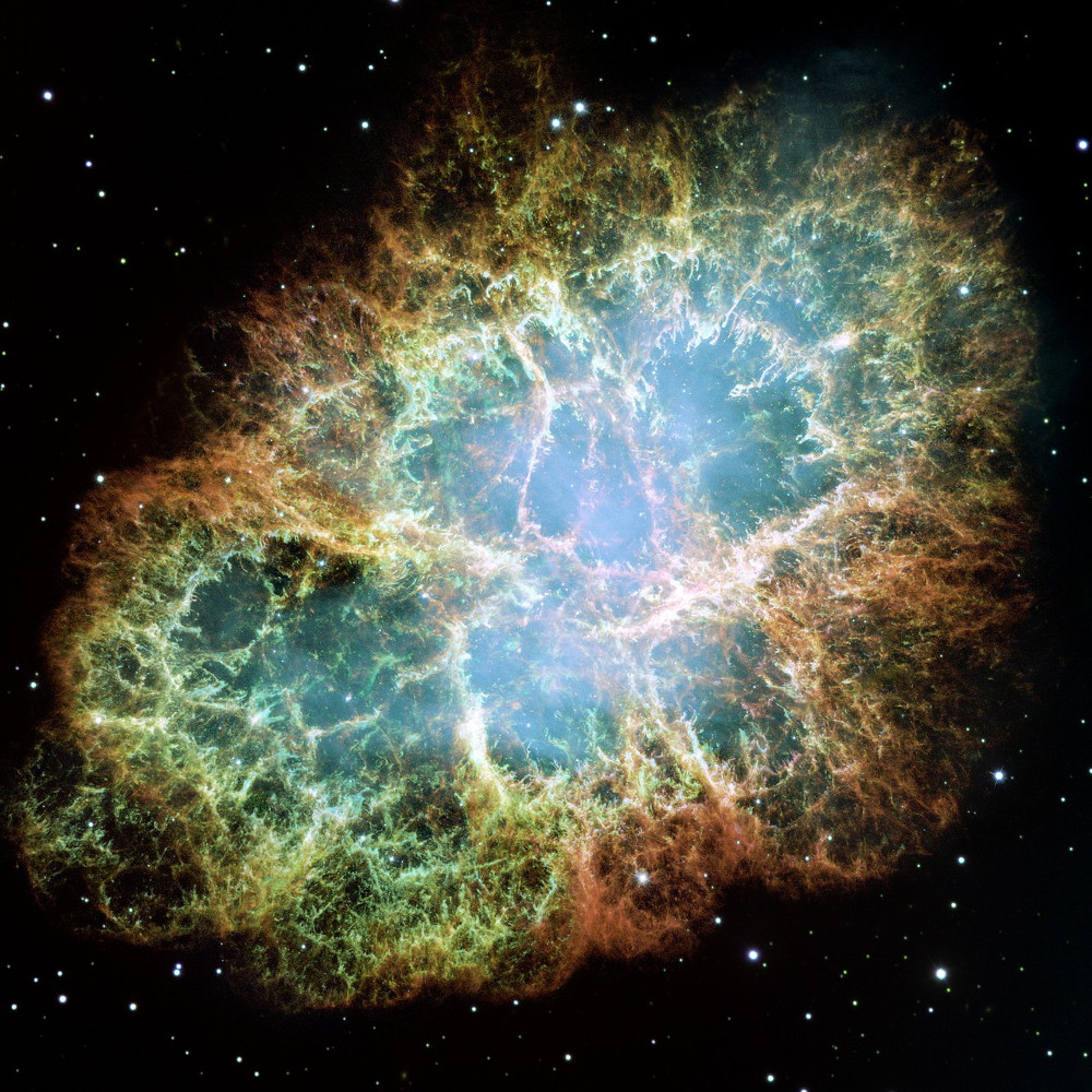 Supernova: Der Krebsnebel (M1) ist der Überrest einer Supernova aus dem Jahr 1054, welche aufgrund ihrer Helligkeit sogar tagsüber sichtbar war 